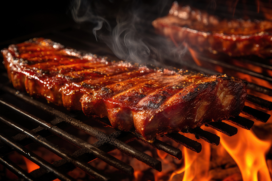 Delicious grilled ribs on barbecue grill, closeup. BBQ party, A