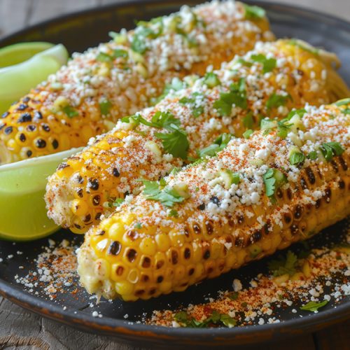 Elotes, Grilled Mexican Street Corn on the cob with cotija cheese, chili powder, mayonnaise