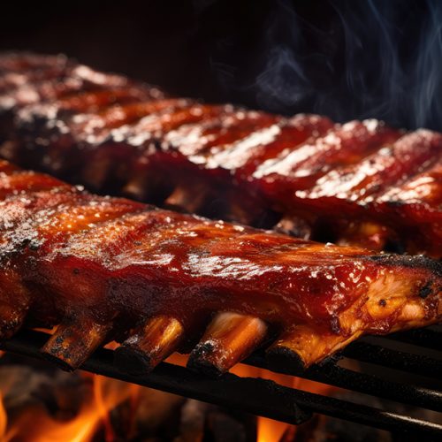 Grilled Texas pork ribs on barbecue grill.