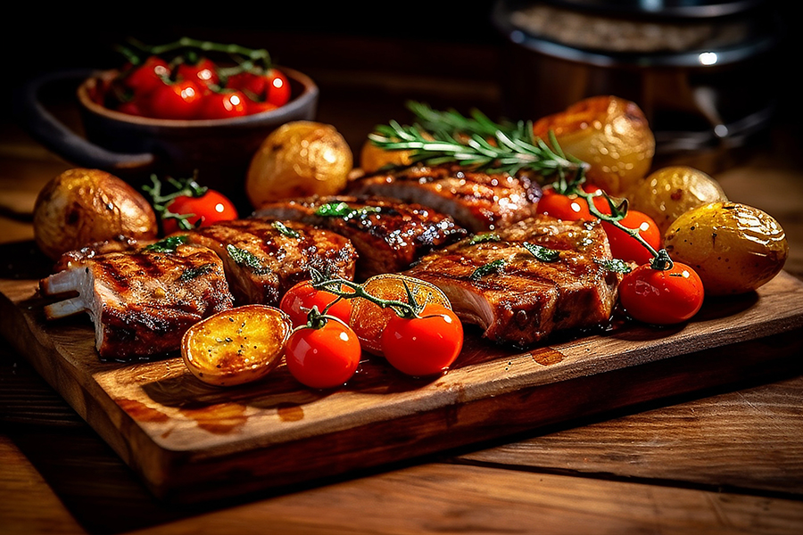 grilled pork ribs served with roast new potatoes