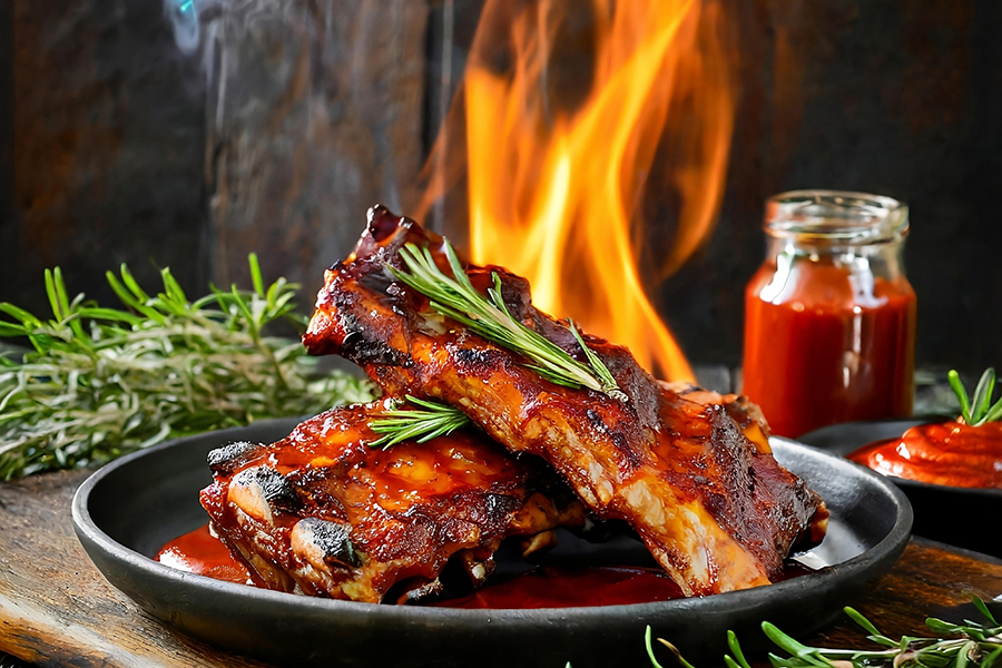 hot grilled spare ribs with barbecue sauce with fire